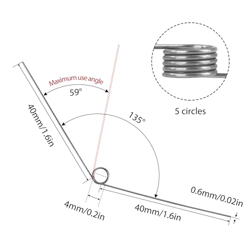 GUNGY Torsionsfeder Edelstahl Drehfeder Drahtdurchmesser 0,6 mm Innendurchmesser 4 mm Armlänge 40 mm 135° 5 Runden Maximaler Einsatzwinkel 59° Rechtsdrehend Größe 0,6x4x40 mm