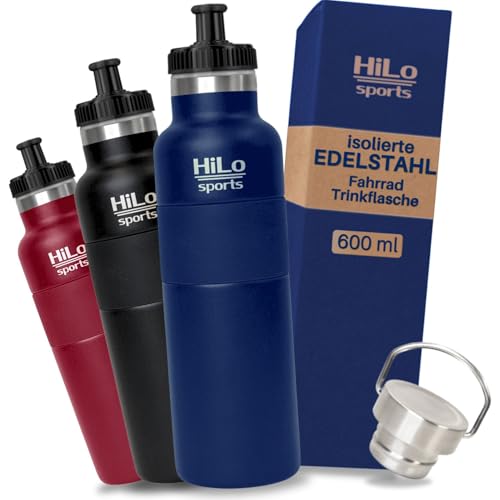 HiLo sports 600 ml Fahrradflasche Edelstahl Isoliert - Für Kunststoff Flaschenhalter - [Pulver Beschichtetes Edelstahl] - Fahrrad Trinkflasche mit 2 Verschlüssen - Thermo Radflasche