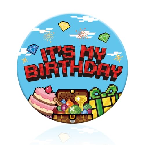 Pin Cumpleaños de Temática Píxeles, 5,8cm Insignia Cumpleaños Videojuegos Redonda con Coloridos Patrones de Diamantes para Artículo Fiestas Temáticas Píxeles(Estilo 1)