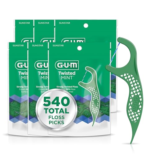 Image of GUM Twisted Mint Dental Floss Picks, Twisted Threads with Shred-Resistant Floss & Easy-Grip Handle, Mint Flavor, 90 Count (Pack of 6) 540 Total