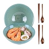 CZCMYAU 2-teiliges Ramenschalenset, 1200 ml große japanische Suppenschale aus Keramik mit Stäbchen und Löffel, Asiatisches Geschirr für Pasta, Pho und Salat, Grün