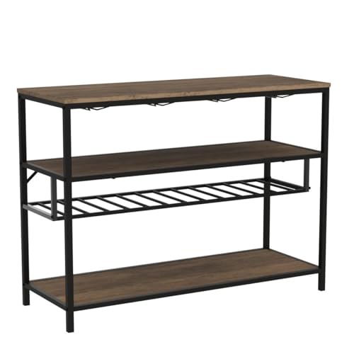 LVB Wine Rack Table, Modern Wine Bar Cabinet Freestanding Floor, Wood and Metal Liquor Cabinet Wine Storage Stand with Bottle Shelf and Glass Holder for Home Kitchen Dining Room, Rustic Oak, 40 Inch