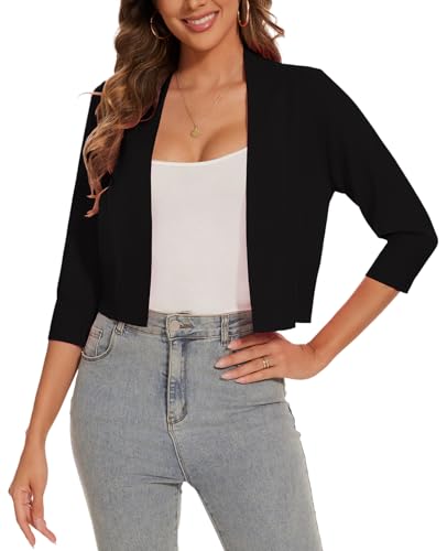 Image of Women 3 /4 Sleeve Cropped Cardigan Lightweight Casual Open Front Bolero Shrug Sweaters