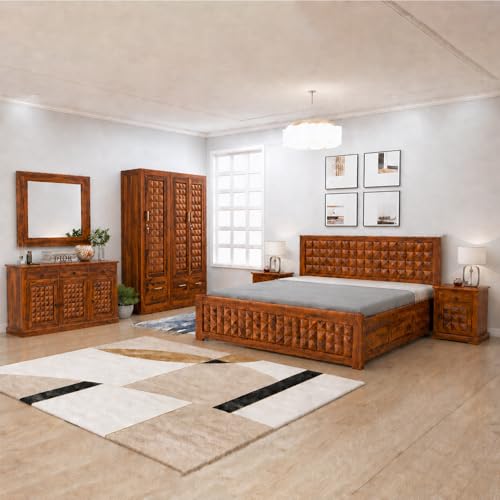 Image of SONA ART & CRAFTS Diamond Solid Sheesham Wood Bedroom Set | Queen Size Bed with Box Storage, Wardrobe, Cabinet with Mirror & Two Bedside Tables - Natural Finish (Assembly Included)