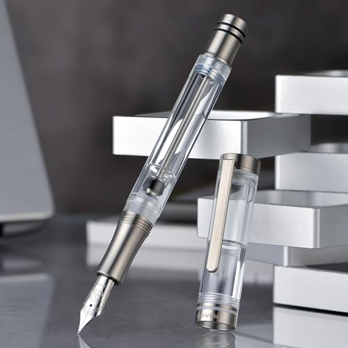 Image of Asvine V200 Titanium Fountain Pen Vacuum Filling, Bock Medium Nib Clear Transparent Acrylic Smooth Writing Pen Case Set
