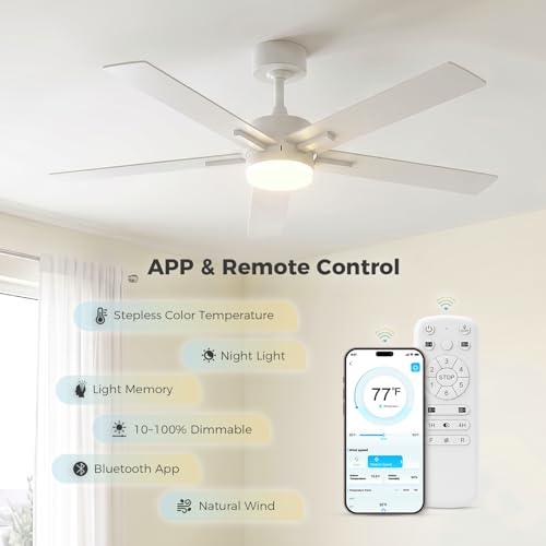 Image of Obabala Ceiling Fan with Light 52 Inch, DC Motor Ceiling Fan with Remote and APP Control, Dimmable LED Color Changing, Reversible Quiet Fan for Bedroom Living Room Indoor Outdoor, Modern