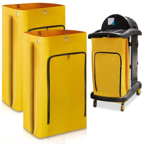 Image of Meanplan 2 Pack Cleaning Cart Bag Zippered Front Replacement Janitorial Cart Thick Bag Large Capacity Commercial Cleaning Bags for Housekeeping Carts, Yellow (33 x 16.8 x 10.5 Inch)