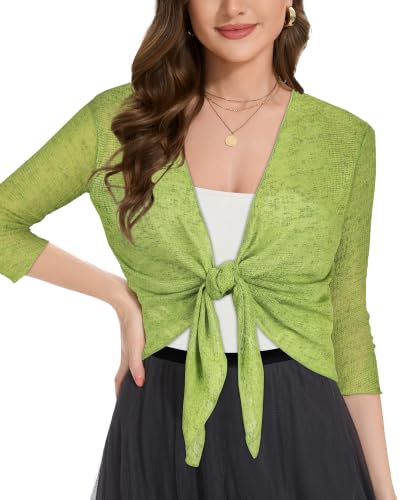 Image of Women Crop Cardigan Sheer Mesh Bolero Shrug for Dress Tie Front 3 /4 Sleeve Tops