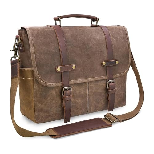 Bolsa de hombro de lona resistente para hombre de gran capacidad, bolsa para laptop de 15.6 pulgadas, impermeable, maletín cruzado, café, Talla única