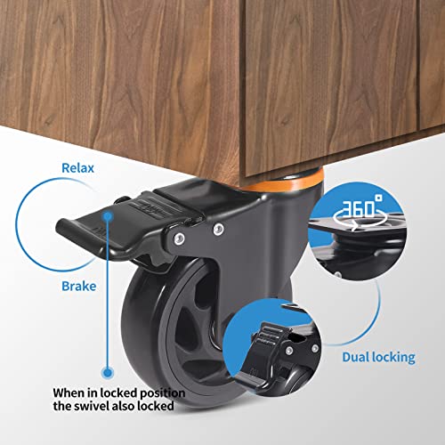 5 Inch Caster Wheels 2200Lbs, Casters Set Of 4, Heavy Duty Casters With Brake, Safety Dual Locking Industrial Casters, No Noise Wheels With Polyurethane Foam (Two Hardware Kits Included) #TOP2