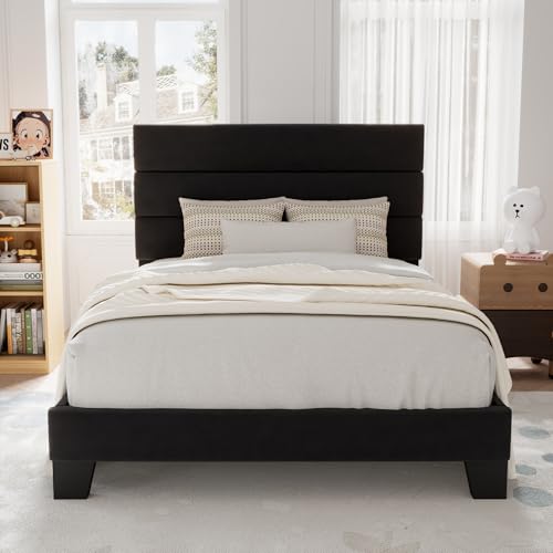 Allewie Twin Size Platform Bed Frame with Velvet Upholstered Headboard and Wooden Slats Support, Fully Upholstered Mattress Foundation/No Box Spring Needed/Easy Assembly, Black