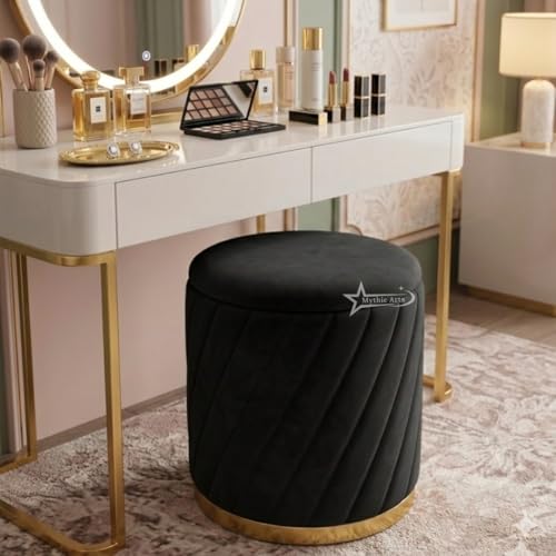 Image of Mythic ArtsRound Upholstered Sitting Stool & Footrest Velvet Storage Ottoman Pouffe16 X 16X 19 inch | Versatile Puffy for Living Room, Bedroom, and Office ? Chic Home Furnishings & Dcor Black