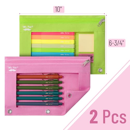 Image of Mr. Pen- Pencil Pouch for 3 Ring Binder, 2 Pack, 10 inchx6.75 inch, Smooth Zipper, Clear Window, Large Capacity Pencil Case with 3 Reinforced Grommets for School, Office, Supplies Storage