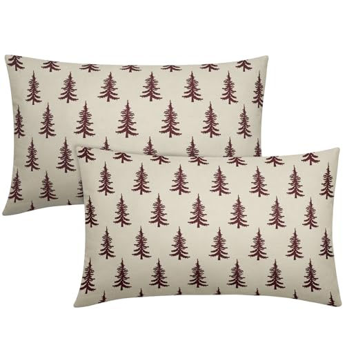 Christmas Lumbar Pillow Covers 12×20 Set of 2 Burgundy Xmas Tree Rustic Winter Decorative Outdoor Pillowcases Farmhouse Holiday Throw Cushion Case Decor for Couch Sofa Bed