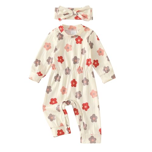 Image of Winioder Newborn Baby Girl Fall Clothes Ribbed Long Sleeve Romper Jumpsuit with Headband Infant 2Pcs Coming Home Outfit
