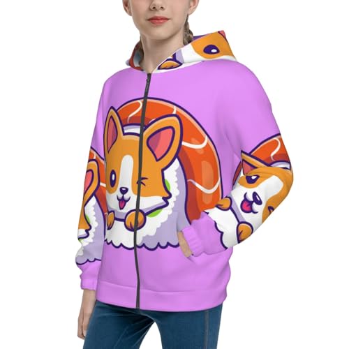Corgi In Sushi Roll Kids Pullover Hoodies Boys Zip Up Sweatshirts Girls Athletic Clothes with Pocket