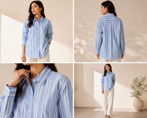 Image of Women's Blue and White Striped Cotton Shirt, Oversized Regular Fit, Full Sleeves, Collared Longline Button-Down, for Office and Everyday Wear