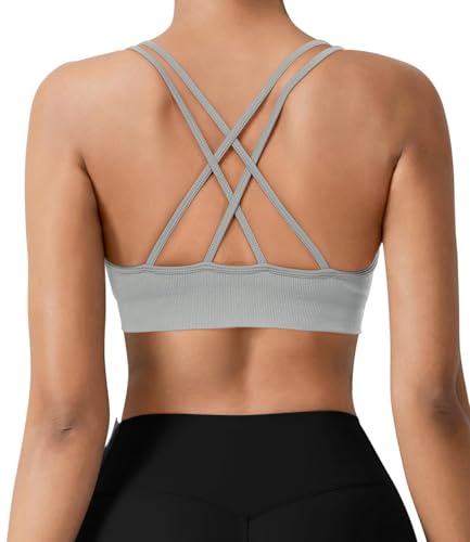 VEQING Seamless V-Neck Women Sports Bras, Padded Cross Back Wireless Low Impact Workout Yoga Bras for Small Chests, 3 Pack3