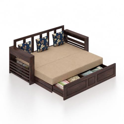 Image of Ganpati Arts Solid Sheesham Wood 3 Seater Lurid Sofa Cum Bed with Side Pocket for Living Room Bed Room | Wooden Bedroom Furniture for Home (Walnut Finish)