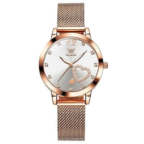 OLEVS Roségoldene Mesh Armbanduhren für Damen Edelstahl Modische Lässig Weißes Kleid Uhren für Frauen Leuchtend Wasserdicht Elegant Rund Zifferblatt Herzform Diamant Damen Quarzuhren