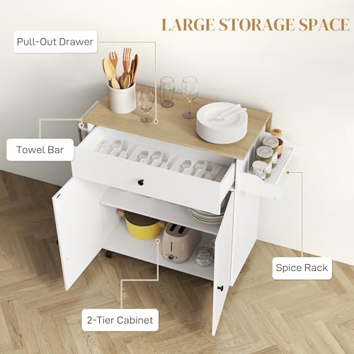 HOMCOM Kitchen Island with Drop Leaf, Rolling Kitchen Storage Trolley on Wheels with Drawer, Spice Rack and Towel Rack, Storage Cart with Adjustable Shelf, White - Image 4