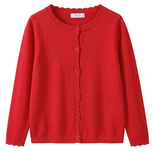 Yekaty Red Cardigan for Girls Christmas Outfit Scalloped Sweater Size 7-8