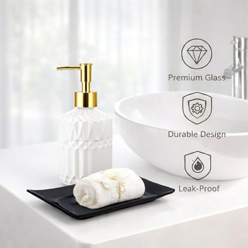 Image of Luxe Home International Geometric Texture Pattern Glass Soap Dispenser for Bathroom and Kitchen Sink Leak Proof Liquid Hand Wash Round Bottle Lightweight Smooth Finish (19x7.5 cm White) Pack of 1