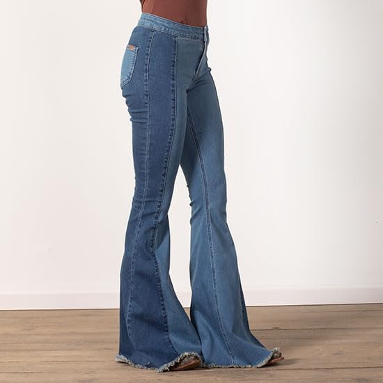Rock & Roll Denim Bargain Button Bell High Rise Two Tone Pull On Flare Jeans Denim 29x342