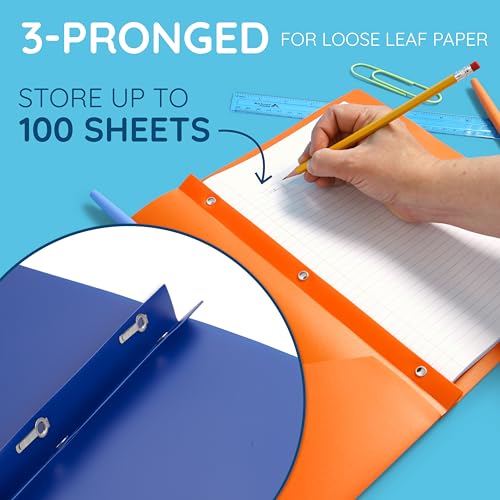 Blue Summit Supplies 6 Pack Multicolor Plastic Folders with Pockets and Prongs, 2 Pocket Plastic Folders with Prongs and Brads for School, Home, and Work