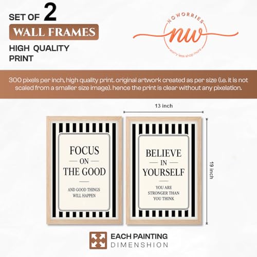 Image of NoWorries Motivational Wall Art Framed Set of 2 | Inspirational Quotes Prints with Frames | Black & White Positive Affirmation Artwork Paintings Decor for Office, Bedroom & Living Room (Art-19, 13x19inch)