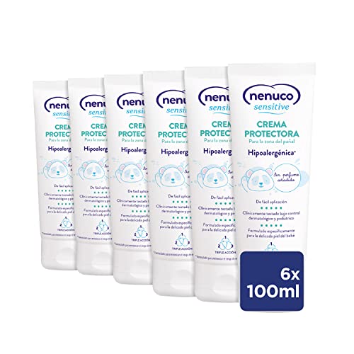 Nenuco Sensitive Crema Protectora para la zona del pañal, Hipoalergenica y Sin Perfumes Añadidos - 6x100ml