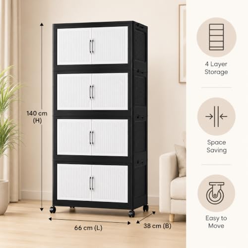Image of KRISHYAM 4-Layer Plastic Storage Cabinet with 8 Doors & Wheels, Multipurpose Clothes Organizer, Modular Cupboard for Bedroom, Kids Room & Home, 140 x 66 x 38 cm, Black White