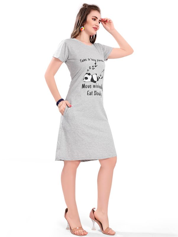Image of Printed Knee Length Pocket Night Dresses for Women | Cat Lover | Premium Soft Cotton Nighty | Blue and Maroon