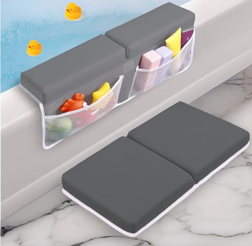 Image of Toodly Baby Bath Kneeler and Elbow Rest Pad Set - Baby Bath Support for Knees and Elbows - Bath Kneeler Pad with Memory Foam and Bath Toy Organizer - Bath Kneeling Pad for Bathing Baby - Dark Grey