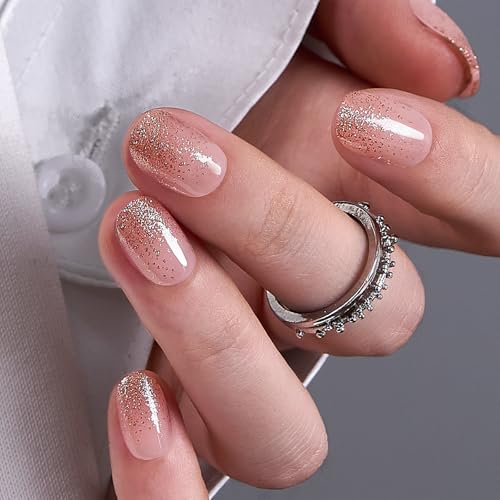 Image of CurvLife Press On Nails Extra Short - Soft Gel Oval Fake Nails, Reusable Glue On Nail Kit with Adhesive Tabs, Natural Fit & Salon-Quality for Women & Girls (Golden Mist)