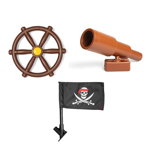 Barcaloo Playground Accessories for Kids Outdoor Playset with Pirate Ship Playhouse Wheel, Telescope & Flag Play Set, Attachments for Backyard Treehouse, Jungle Gym and Swing Set