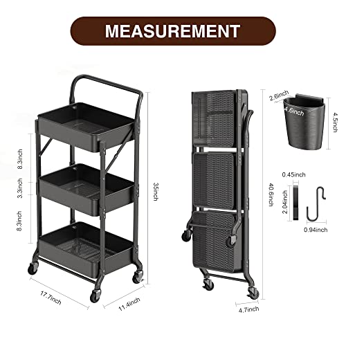 Merapi 3 Tier Foldable Rolling Cart, Metal Utility Cart With Wheels, Hanging Cups And Hooks, Collapsible Cart For Living Room, Kitchen, Bathroom, Bedroom And Office, Blue #TOP4