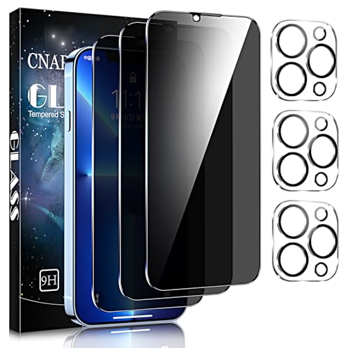 Cnarery 3+3 Pack Full Coverage Privacy Screen Protector for iPhone 13 Pro Max and 3 Pack Camera Lens Protector, Anti Spy Tempered Glass, 9H Hardness, Zero bubbles, Case Friendly