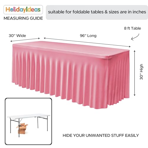 Image of HolidayIdeas 2 Pack Spandex Table Skirts for 8 ft Folding Table, Stretch Rectangle Tablecloth for Wedding, Banquets, Parties, Pink, 30x96 Inch