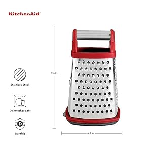 KitchenAid Gourmet 4-Sided Stainless Steel Box Grater for Fine, Medium and Coarse Grate, and Slicing, Detachable 3 Cup Storage Container and Measurment Markings, Dishwasher Safe, 10 inch, Red KitchenAid Gourmet 4 Sided Stainless Steel Box Grater for Fine Medium and Coarse Grate and Slicing Detachable 3 Cup Storage Container and Measurment Markings Dishwasher Safe 10 inch Red