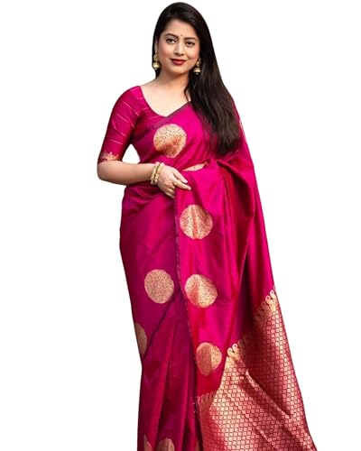 C J Enterprise Pure Silk Banarasi Saree for Women Kanjivaram Style with Blouse for Wedding (KeriGola), Pink, One size