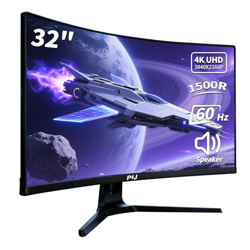 Image of PIJ 32 Inch Curved Monitor 4K 60Hz, UHD PC Monitor Built-in Speakers, Computer Screen for Home Office Business, DP, HDMI, Compatible with Wall mounting 100 * 100MM - Black
