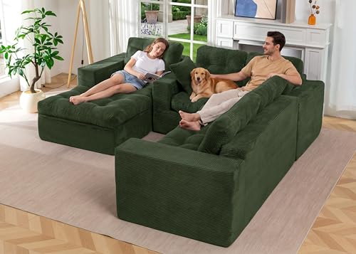 Image of MAXYOYO Modular Sectional Sofa with Ottoman and Loveseat, Cloud Boneless Couch with Layered Cushion, Flexible Module Combination Sofa for Living Room, No Assembly Required,Dark Green