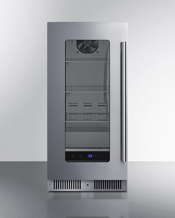 Summit 15 Inch Beverage Refrigerator with Glass Door, 1.9 Cu.ft., Shallow Depth Undercounter, Commercially Approved- SDHG1533 (Stainless Steel, RHD)