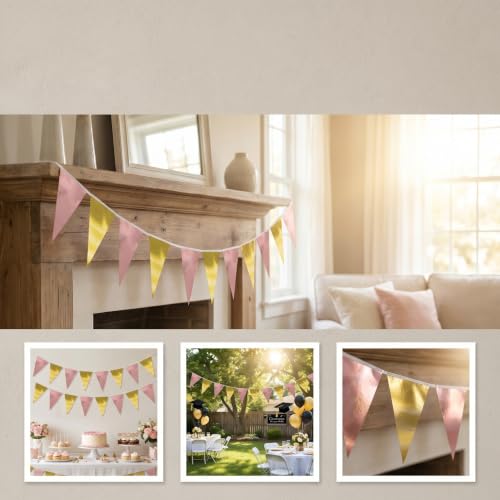 Image of 130FT Matte Rosegold LightGold Triangle Pennant Banner Flag Metallic Fabric Bunting Garland for Christmas Graduation Wedding Anniversary Bachelorette Birthday Bridal Shower Valentines Party Supplies