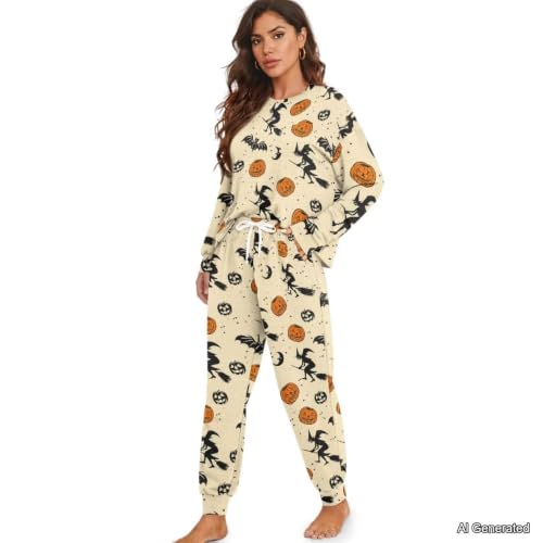 Image of Womens Lounge Set Long Sleeve Soft Pajama Sets | Casual 2 Piece Pj Outfit, Crewneck Sleepwear with Pockets, Adjustable Drawstring, Soft Comfy Fall Pajamas, Plus Size