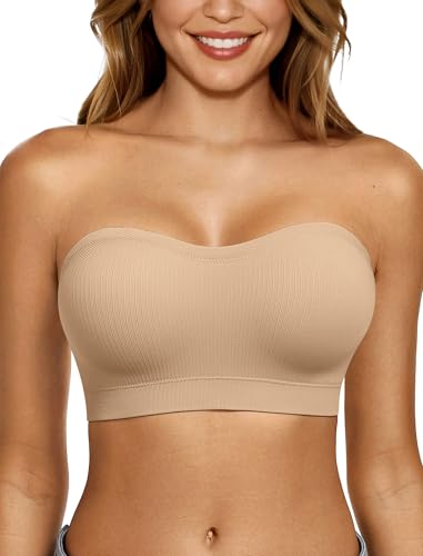LetsJoli Push Up Strapless Bras for Women Supportive Bandeau Bra Non Slip Wireless No Underwire Padded Tube Bra(Nude,L)