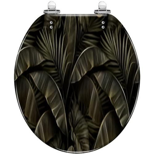 Round Toilet Seat Tropical exotic seamless pattern dark golden vintage banana leaves Resin Toilet Seat Quietly Slow Close with Quick-Release Hinges Toilet Seat with Cover Easy to Clean Install