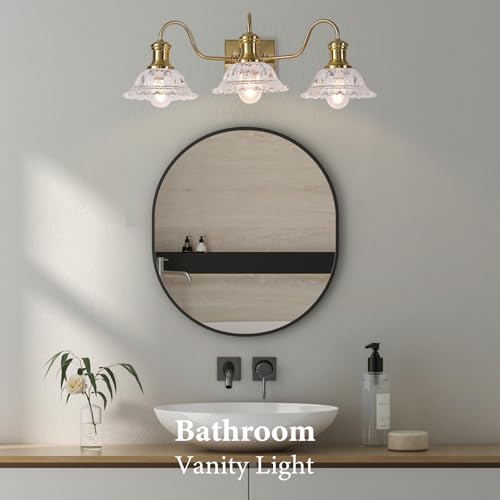 Image of Champagne Gold Vanity Lights, 3-Light Bathroom Light Fixtures with Clear Glass Shade, Vintage Vanity Lights Over Mirror, Farmhouse Wall Light for Bathroom, Vanity Table, Bedroom, Hallway