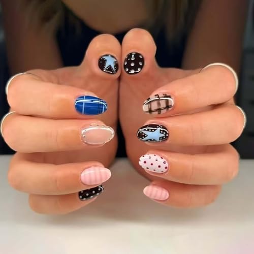 24Pcs French Tip Press on Nails Short Almond Polka Dot Fake Nails Press ons Nail Tips, ZWENJIE Stick on Nails Colorful Acrylic Nails Kit False Nails Plaid Design Nail Art for Women Manicure
